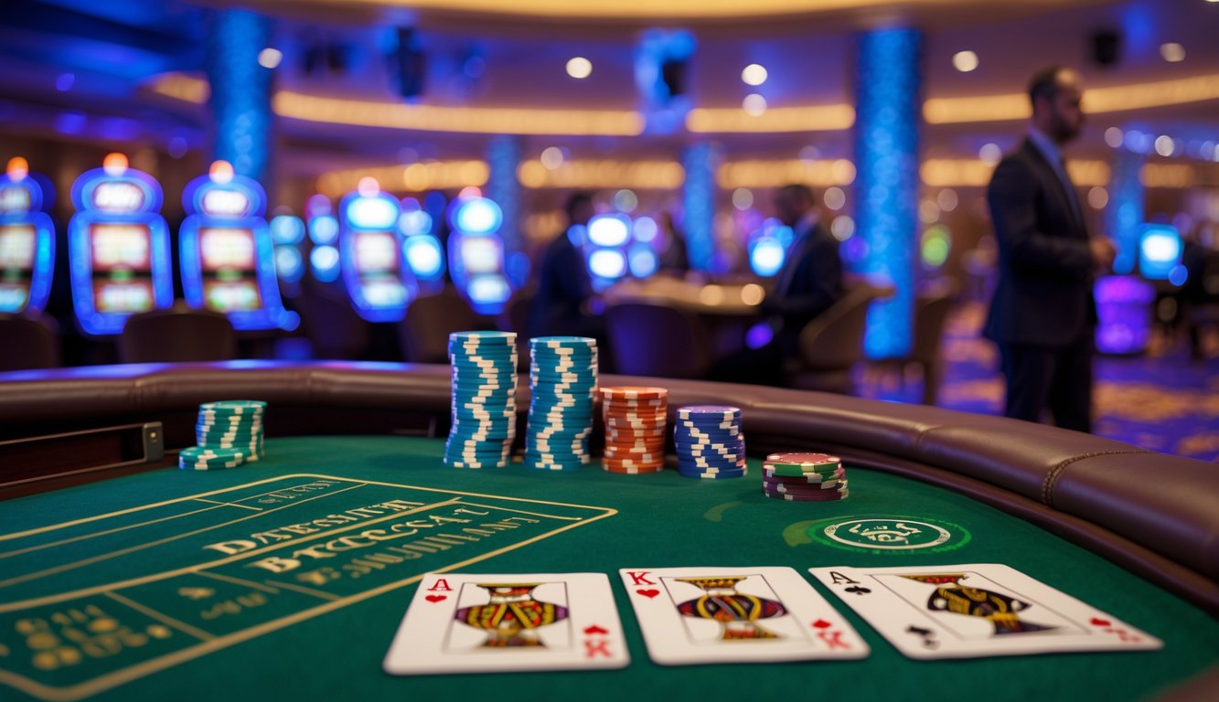 Meja baccarat dengan kartu dan chip poker di kasino modern dengan pencahayaan hangat dan latar belakang mesin slot.