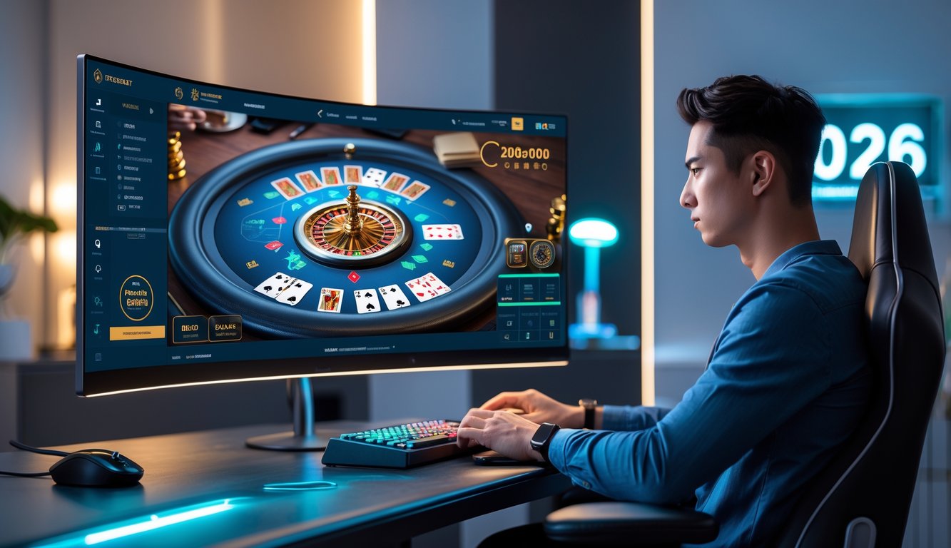 Seseorang sedang bermain baccarat online di komputer dalam ruangan modern dengan pencahayaan yang terang dan suasana futuristik.