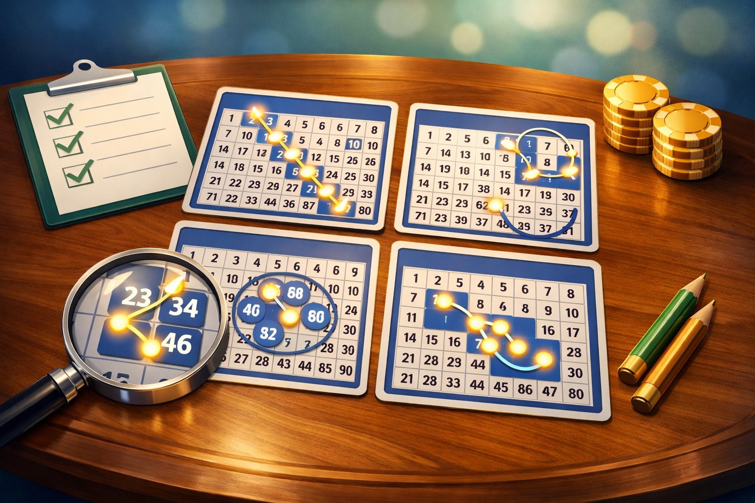 A close-up view of four Keno cards on a table with highlighted number patterns and visual elements representing strategy and pattern recognition.