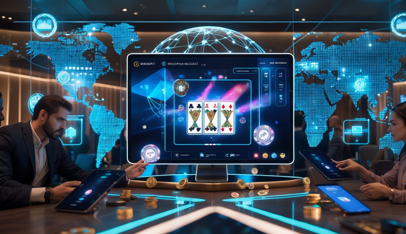 Orang-orang dari berbagai negara bermain baccarat online menggunakan perangkat digital di lingkungan modern dan futuristik.