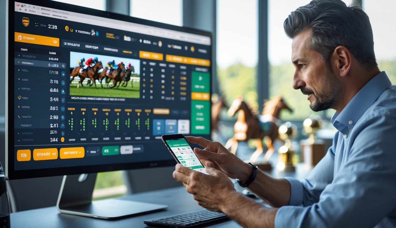 Seseorang sedang menggunakan ponsel di meja kerja dengan layar komputer menampilkan antarmuka taruhan balap kuda online.