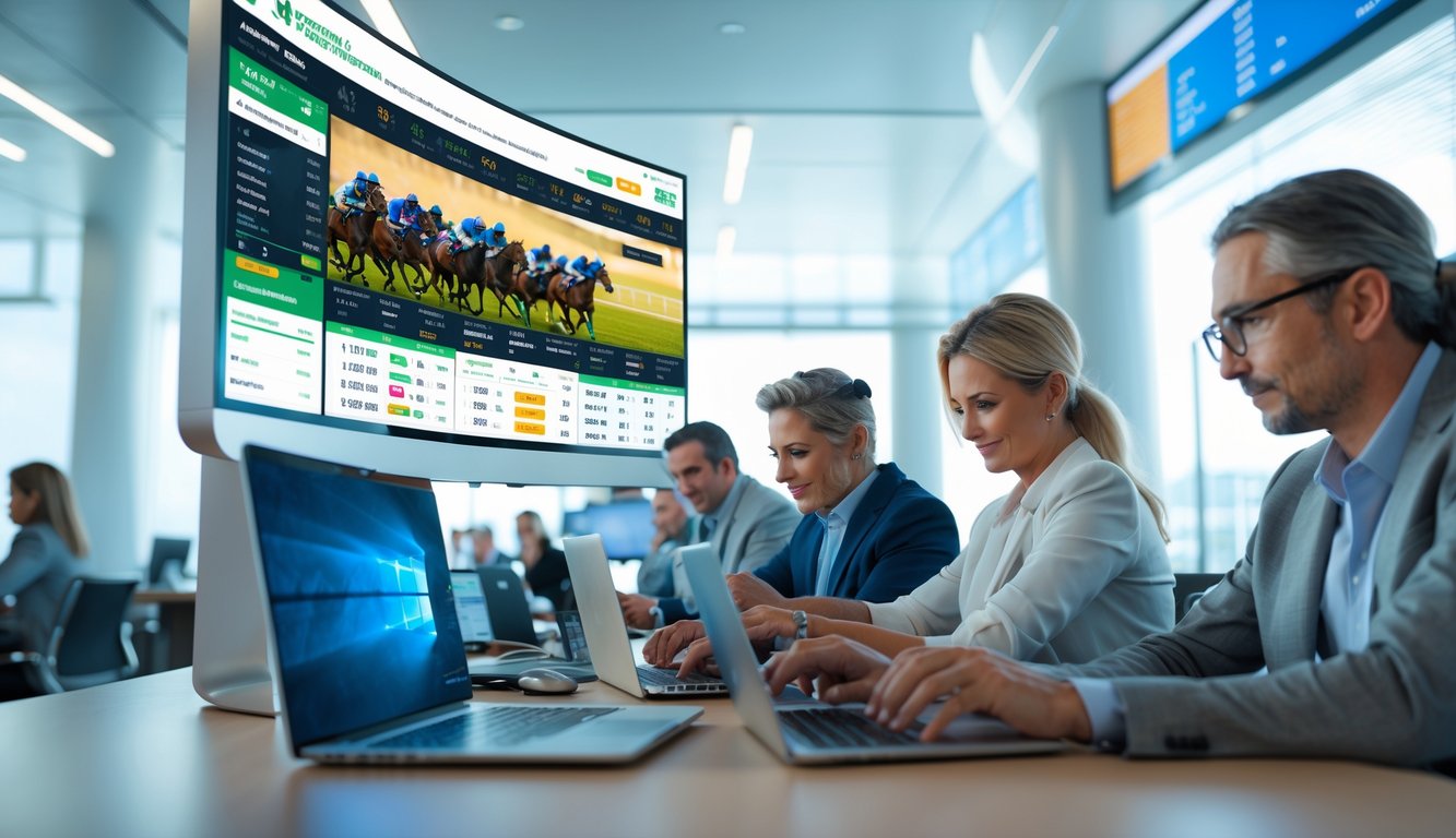 Orang-orang menggunakan komputer dan ponsel untuk memasang taruhan balap kuda secara online di sebuah kantor modern.