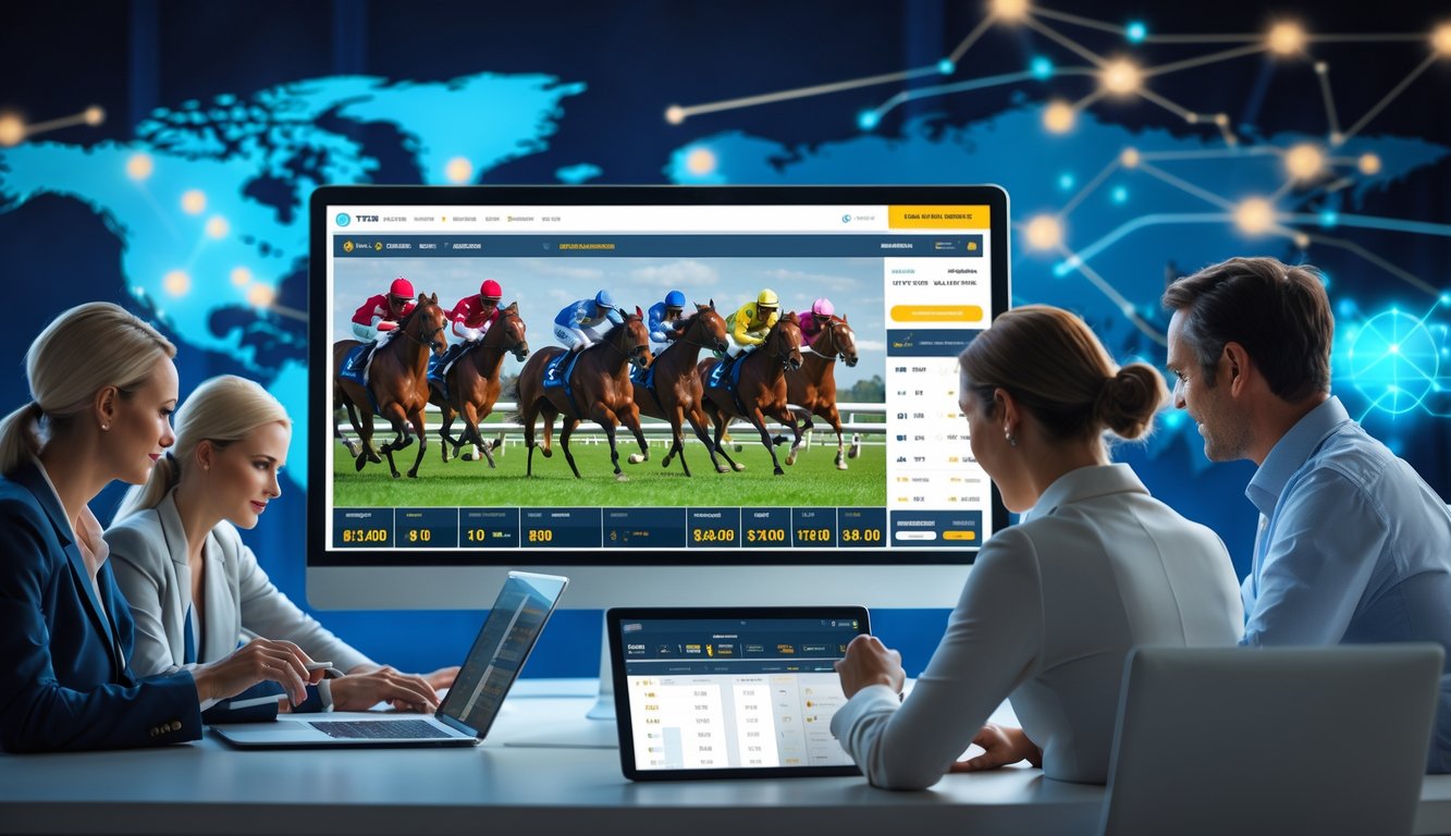 Orang-orang menggunakan perangkat digital untuk bertaruh pada balapan kuda internasional secara online di sebuah ruang kerja modern.