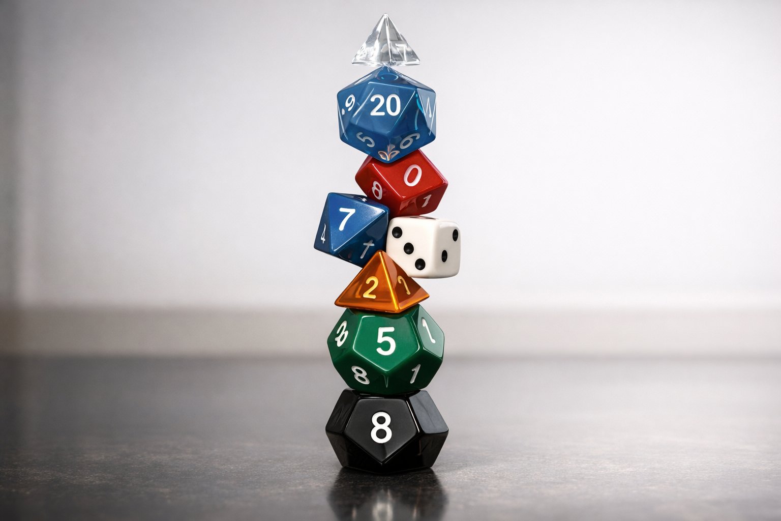A set of different dice balanced carefully on top of each other on a reflective surface.
