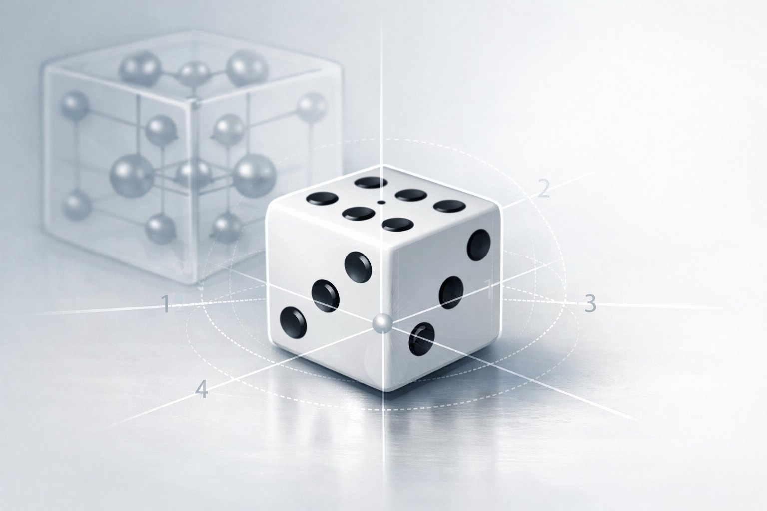 A close-up of a six-sided die on a flat surface with faint diagrams showing its internal balanced weight distribution.