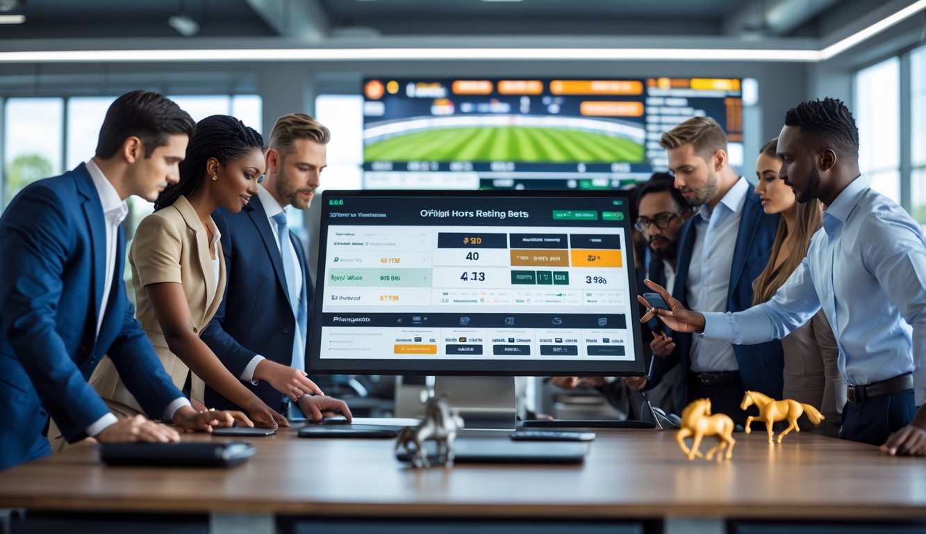 Orang-orang profesional sedang menggunakan platform digital untuk taruhan balap kuda resmi di kantor modern.