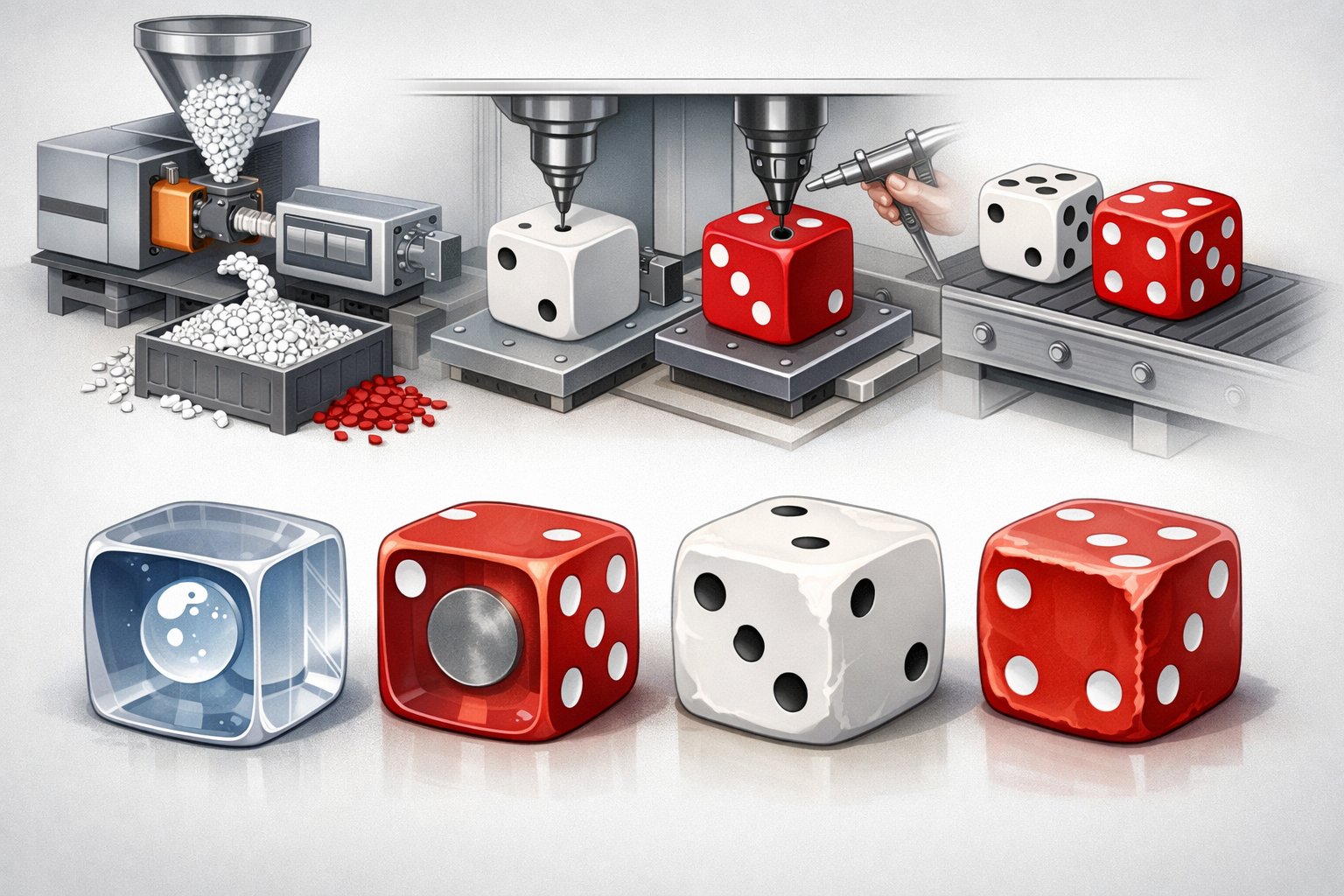 An illustration showing the process of making dice and factors that cause them to be unbalanced, including raw materials, molding, engraving, and internal imperfections.