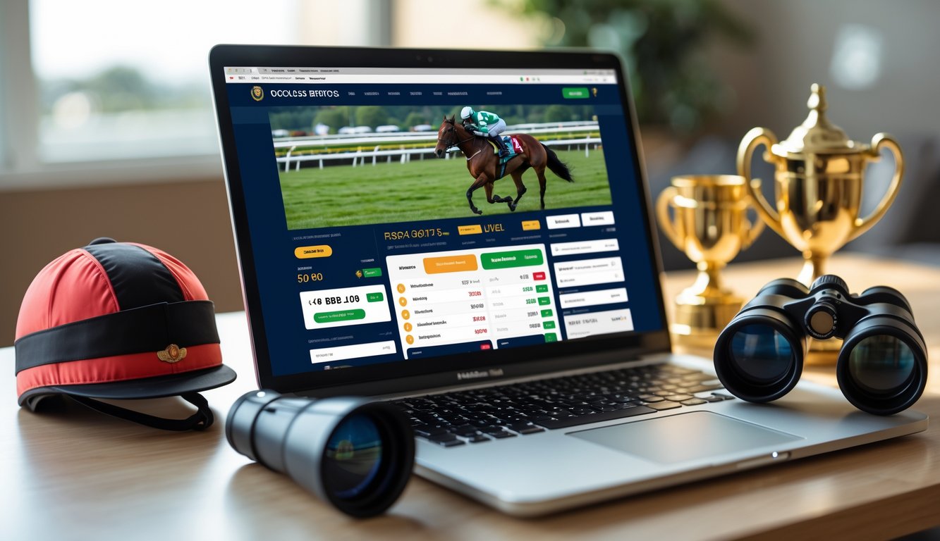 Seorang pengguna di depan laptop dengan tampilan situs taruhan balap kuda online, dikelilingi helm joki, trofi kecil, dan teropong.