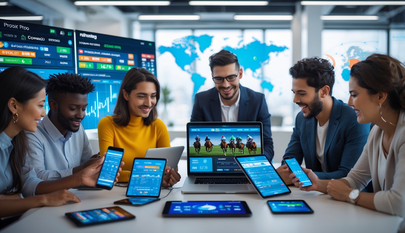 Sekelompok orang muda menggunakan perangkat digital untuk taruhan kuda online di ruang kerja modern dengan latar belakang balapan kuda.