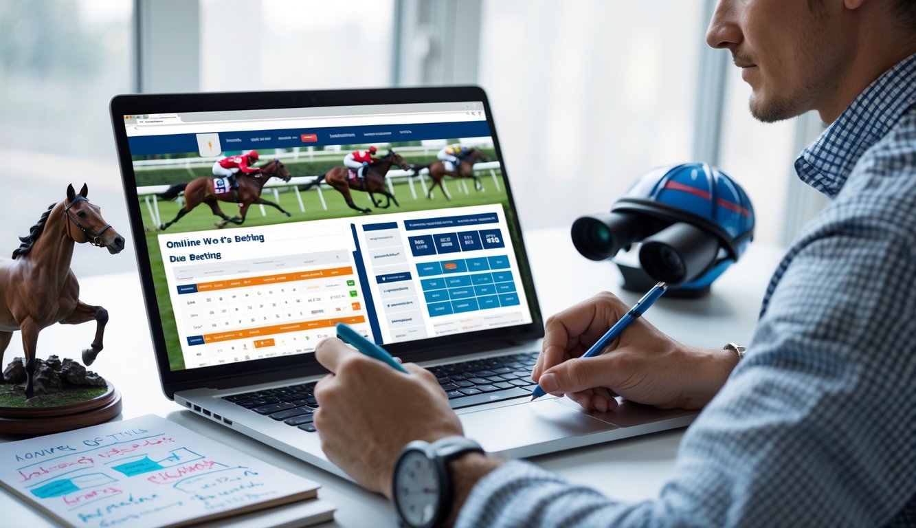 Seorang pemula sedang belajar taruhan balap kuda online di depan laptop dengan catatan dan perlengkapan terkait balap kuda di meja.