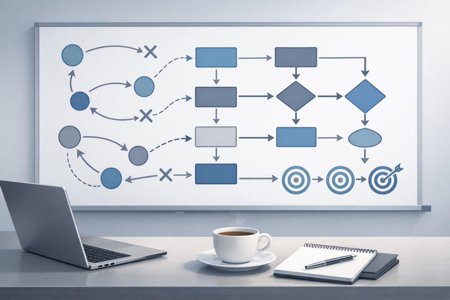 A detailed illustration of a strategy chart with connected shapes and arrows on a board placed on an office desk with a laptop and coffee cup nearby.