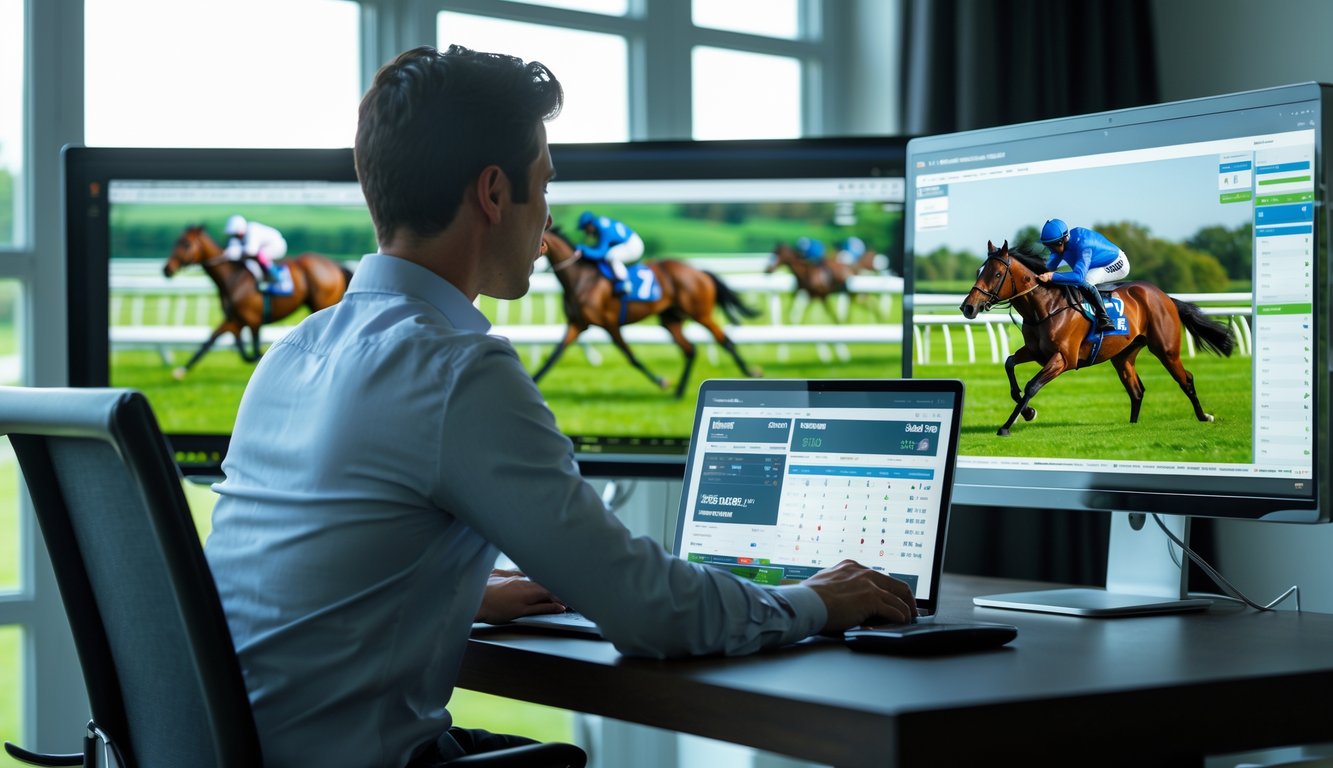Seseorang duduk di depan komputer menonton balap kuda secara langsung dan memasang taruhan online.