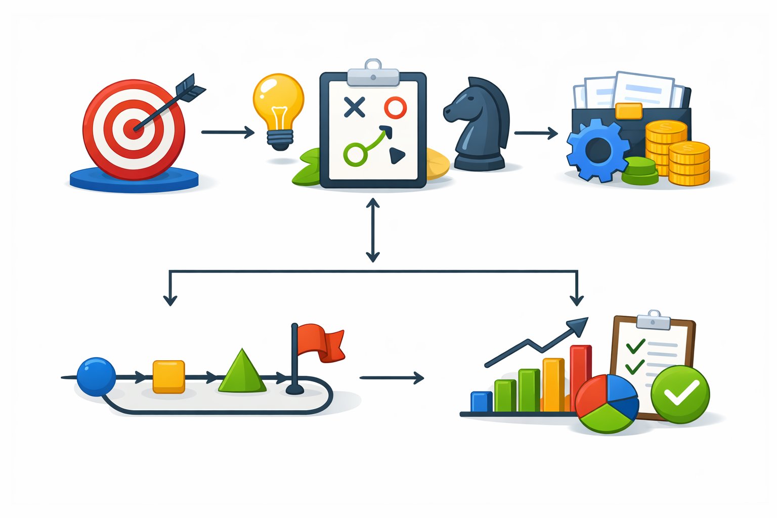 An organized diagram showing interconnected elements representing the core components of a strategy chart.