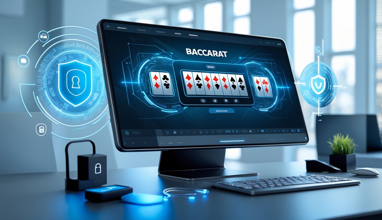 Seseorang menggunakan perangkat digital untuk bermain baccarat online dengan elemen keamanan digital di sekitar layar.