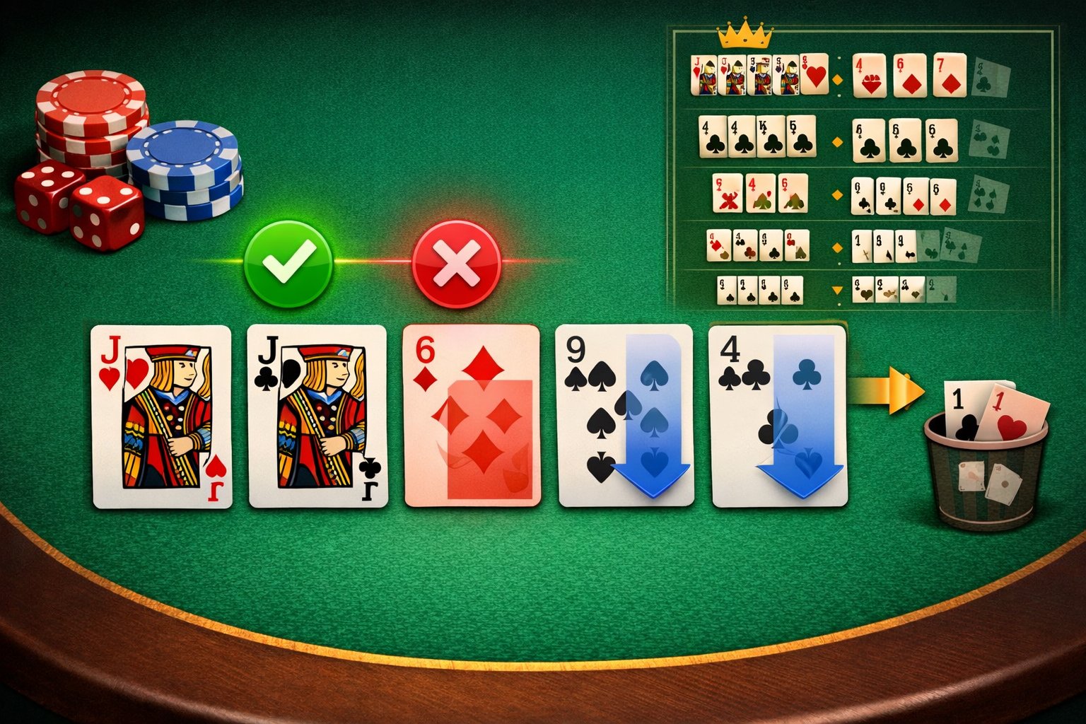 A poker table with five playing cards and color-coded indicators showing the best cards to hold for Jacks or Better poker strategy.
