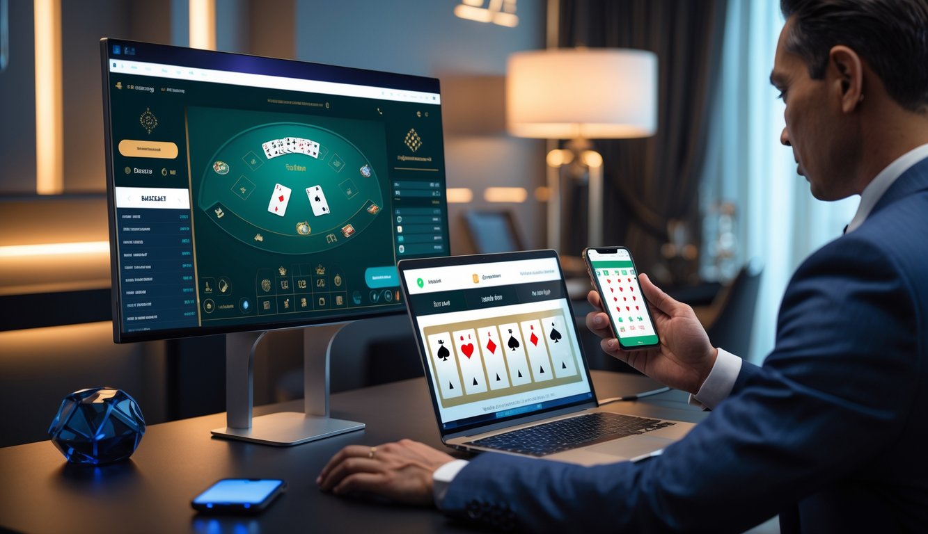 Seorang profesional menggunakan laptop dan ponsel di meja kerja modern dengan layar komputer menampilkan permainan baccarat online.