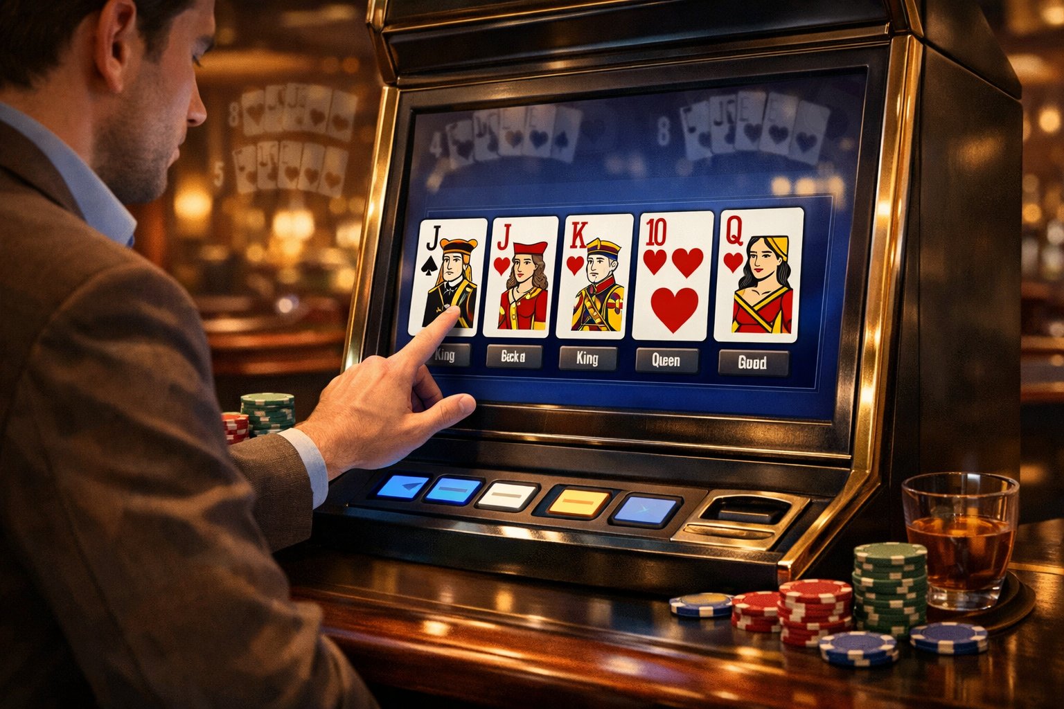 A person playing Jacks or Better video poker on a machine, selecting cards with poker chips nearby in a casino setting.