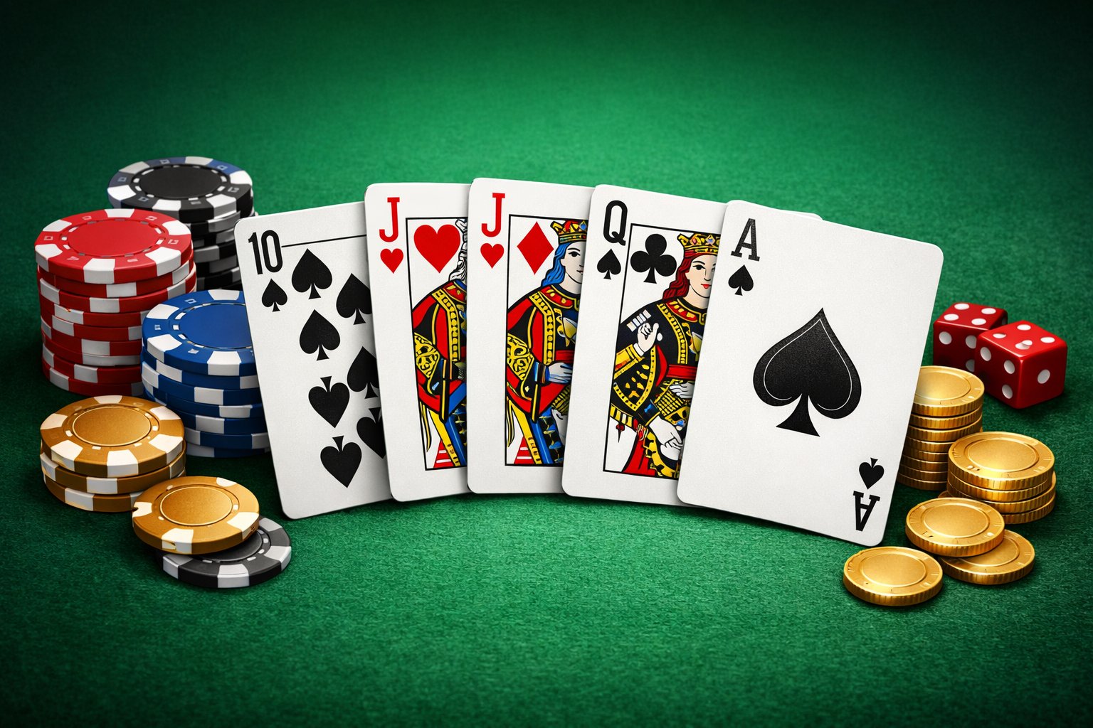 A set of five playing cards on a green poker table, showing a winning poker hand with poker chips and coins nearby.
