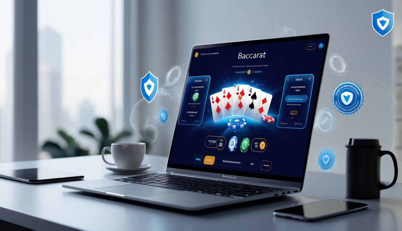 Seorang pengguna duduk di depan komputer dengan permainan baccarat online yang terlihat di layar, dikelilingi oleh simbol keamanan dan kualitas di ruang kerja yang rapi.