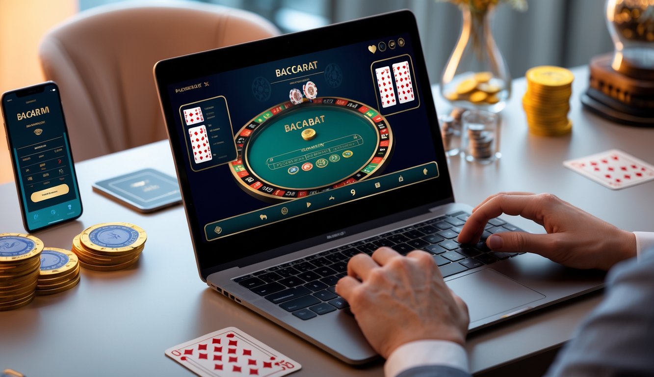 Seseorang menggunakan laptop dengan tampilan permainan baccarat online di meja kerja yang rapi dan terang.