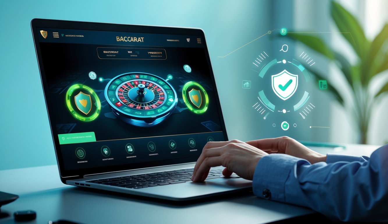 Seseorang menggunakan laptop dengan tampilan permainan baccarat online dan ikon yang menunjukkan transaksi cepat dan aman.