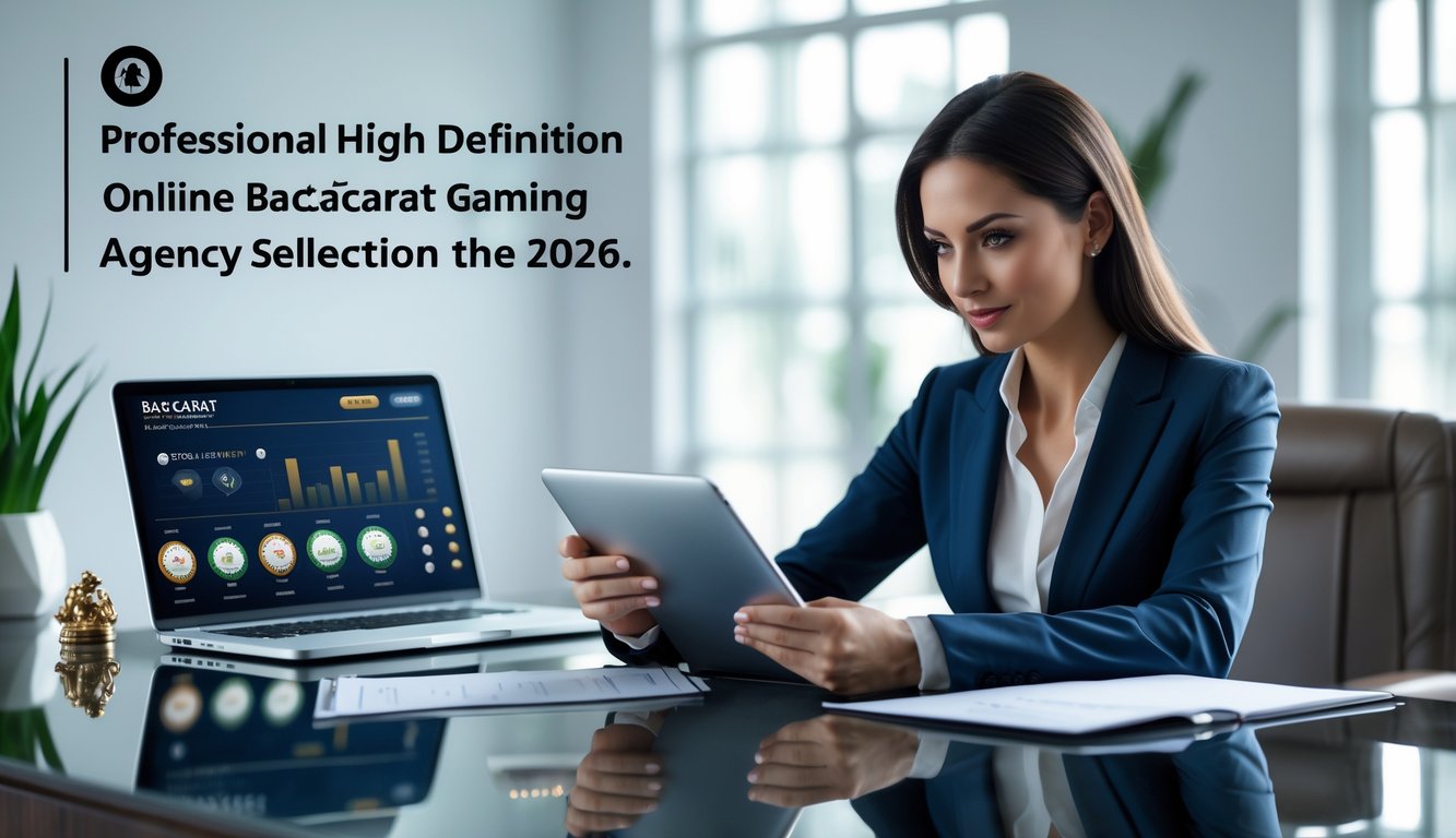 Seorang wanita bisnis duduk di meja kantor modern sambil melihat tablet digital dengan latar belakang laptop yang menampilkan permainan baccarat dan ikon keamanan.