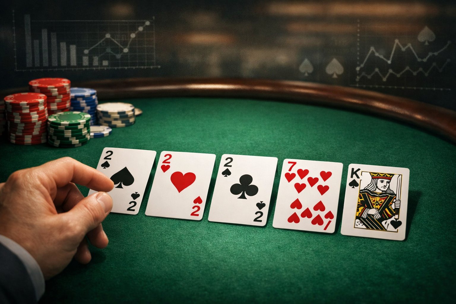 A poker table with a hand holding playing cards including deuces, poker chips stacked nearby, and subtle charts in the background representing strategy.