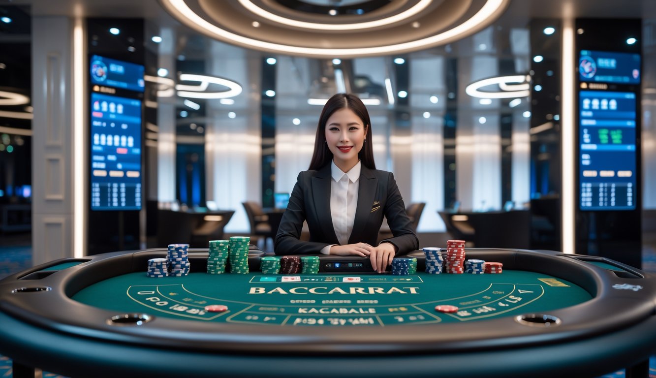 Seorang dealer langsung yang profesional sedang mengelola permainan baccarat online dengan meja modern dan layar teknologi tinggi di studio yang futuristik.