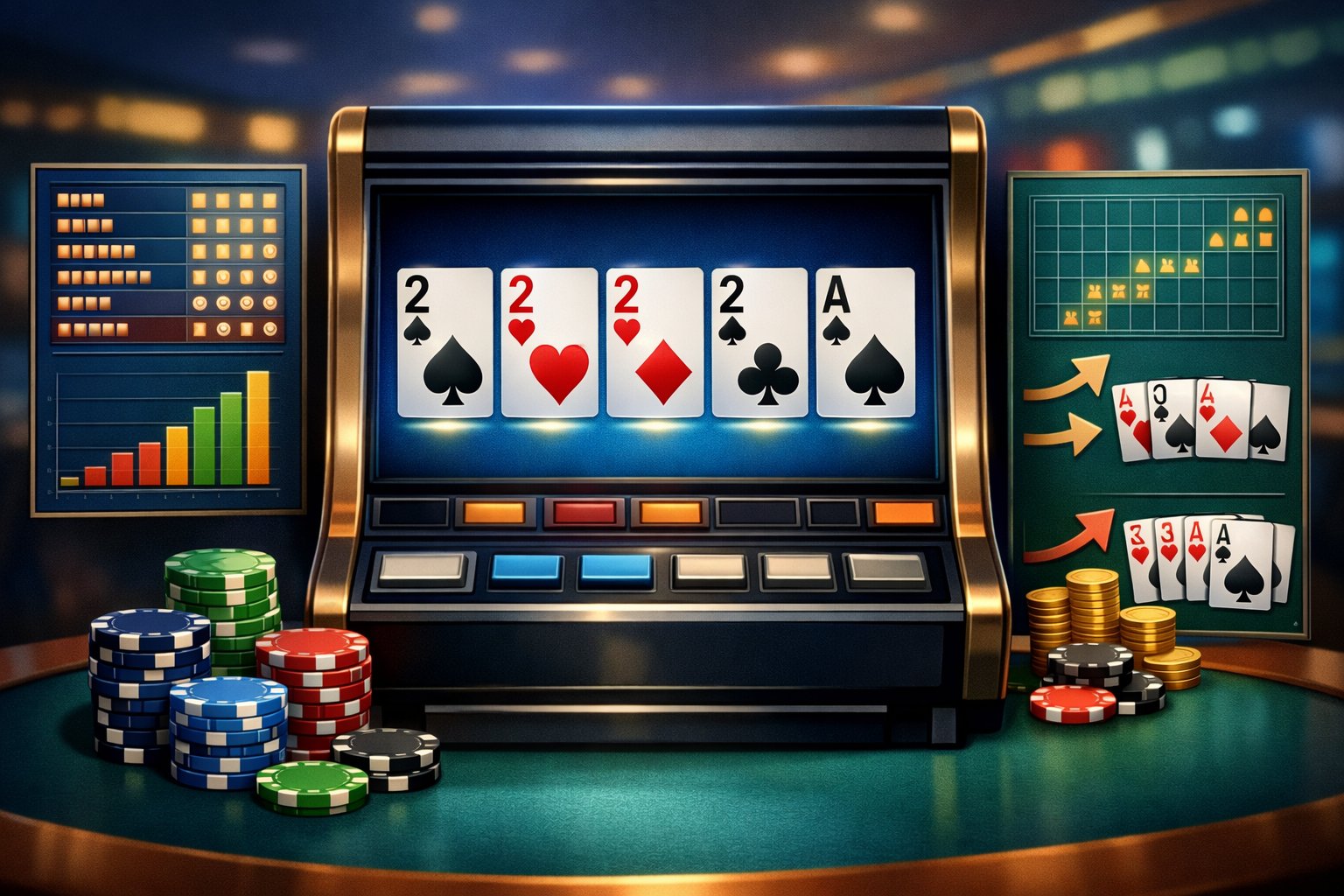 A video poker machine displaying a hand with four deuces, surrounded by graphical elements like charts and poker chips, set in a softly lit casino environment.