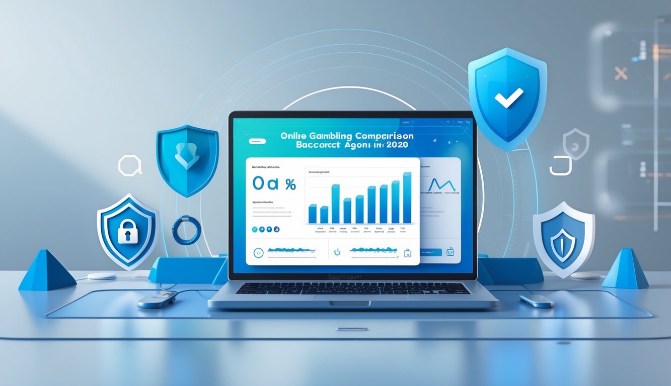 Sebuah meja kerja modern dengan laptop yang menampilkan antarmuka situs web terkait layanan dan keamanan agen Baccarat online, dikelilingi oleh simbol keamanan seperti gembok dan perisai.