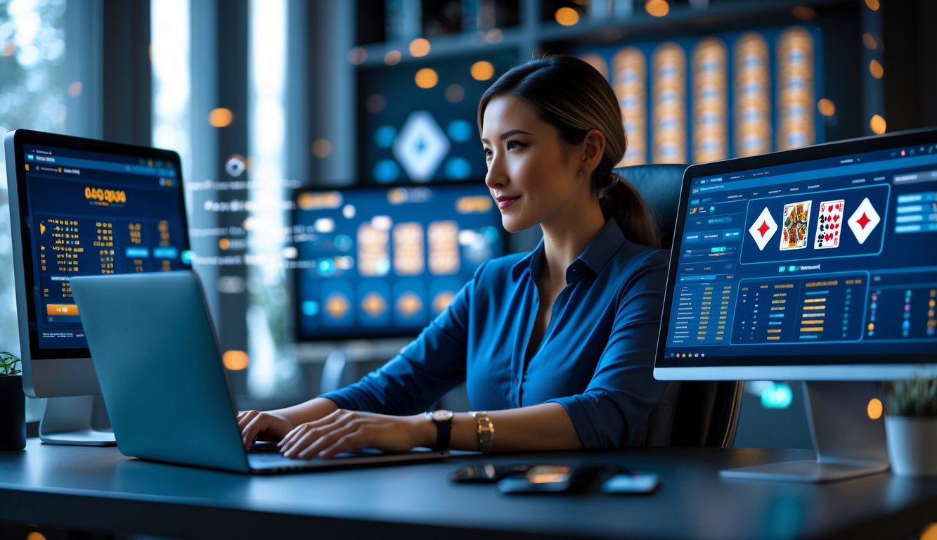 Seorang pemain baccarat online berpengalaman duduk di meja kerja dengan beberapa layar komputer menampilkan permainan baccarat dan statistik.