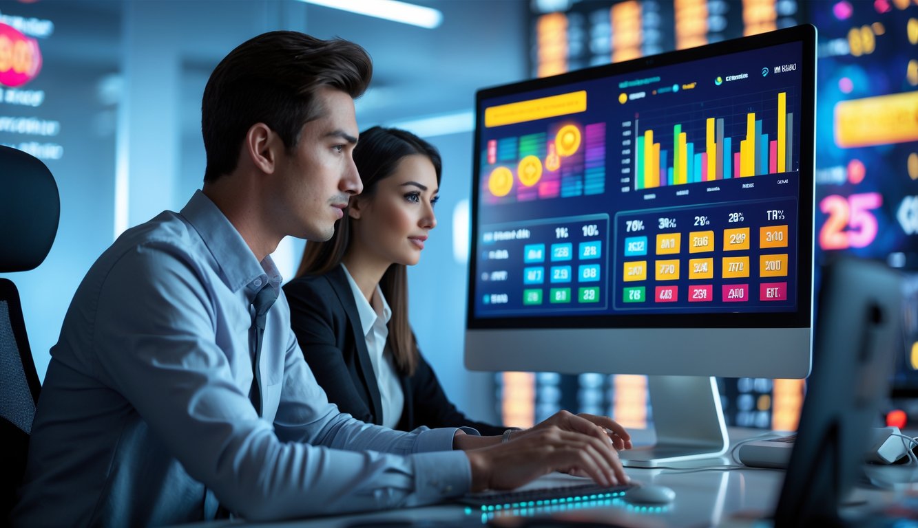 Dua orang muda bekerja bersama di kantor modern dengan layar komputer menampilkan grafik permainan slot online.