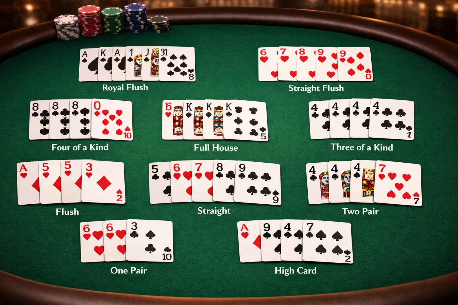 A poker table showing different Texas Hold'em poker hands with playing cards and poker chips arranged around the table.