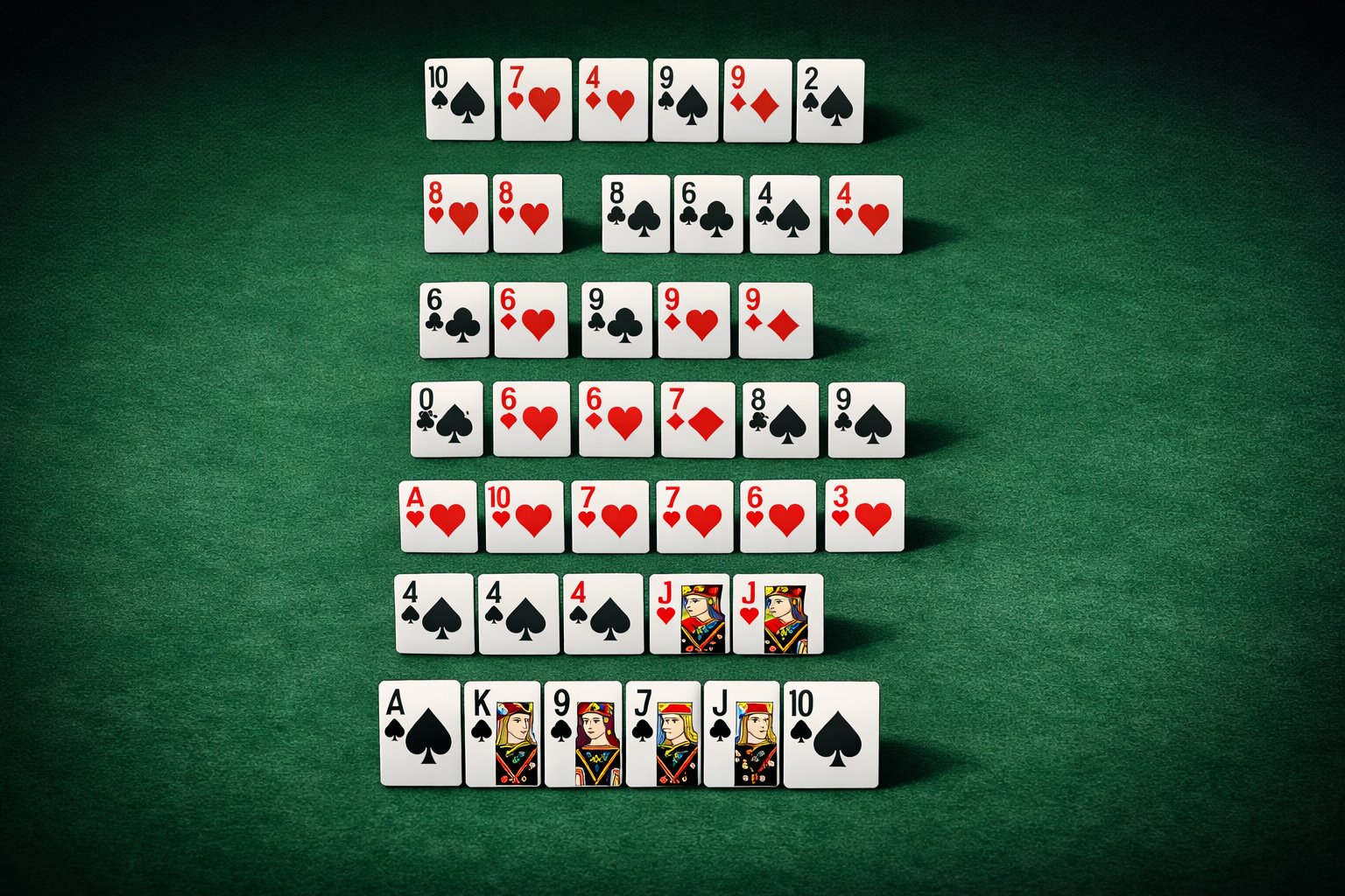 A set of playing cards arranged to show the different poker hand rankings in Texas Hold'em, displayed from highest to lowest on a green poker table.