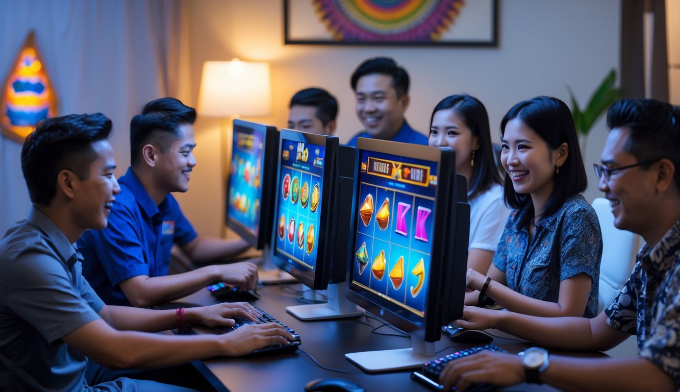 Sekelompok pemain dari Indonesia sedang bermain slot online dengan komputer di ruangan modern yang nyaman.