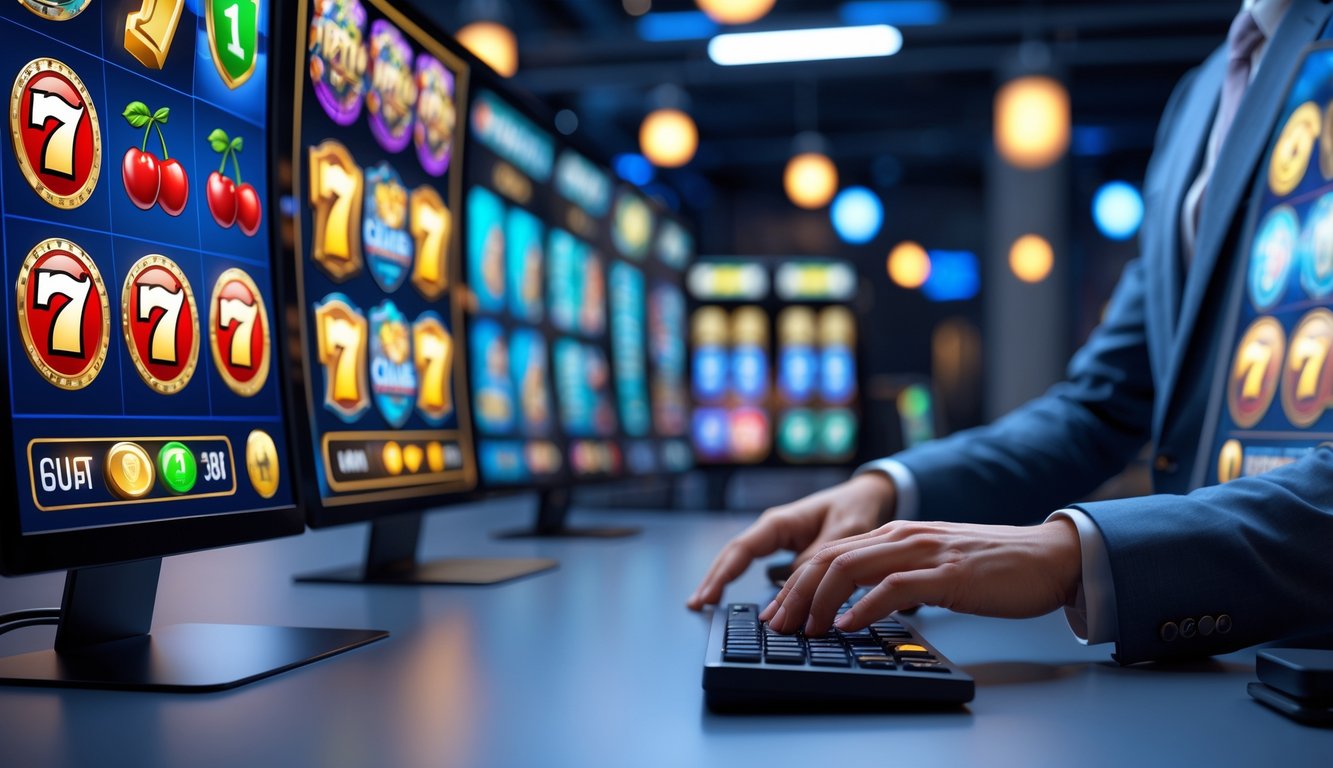 Seseorang menggunakan komputer dengan layar menampilkan grafik permainan slot yang berwarna-warni, di ruang kerja yang rapi dan terang.