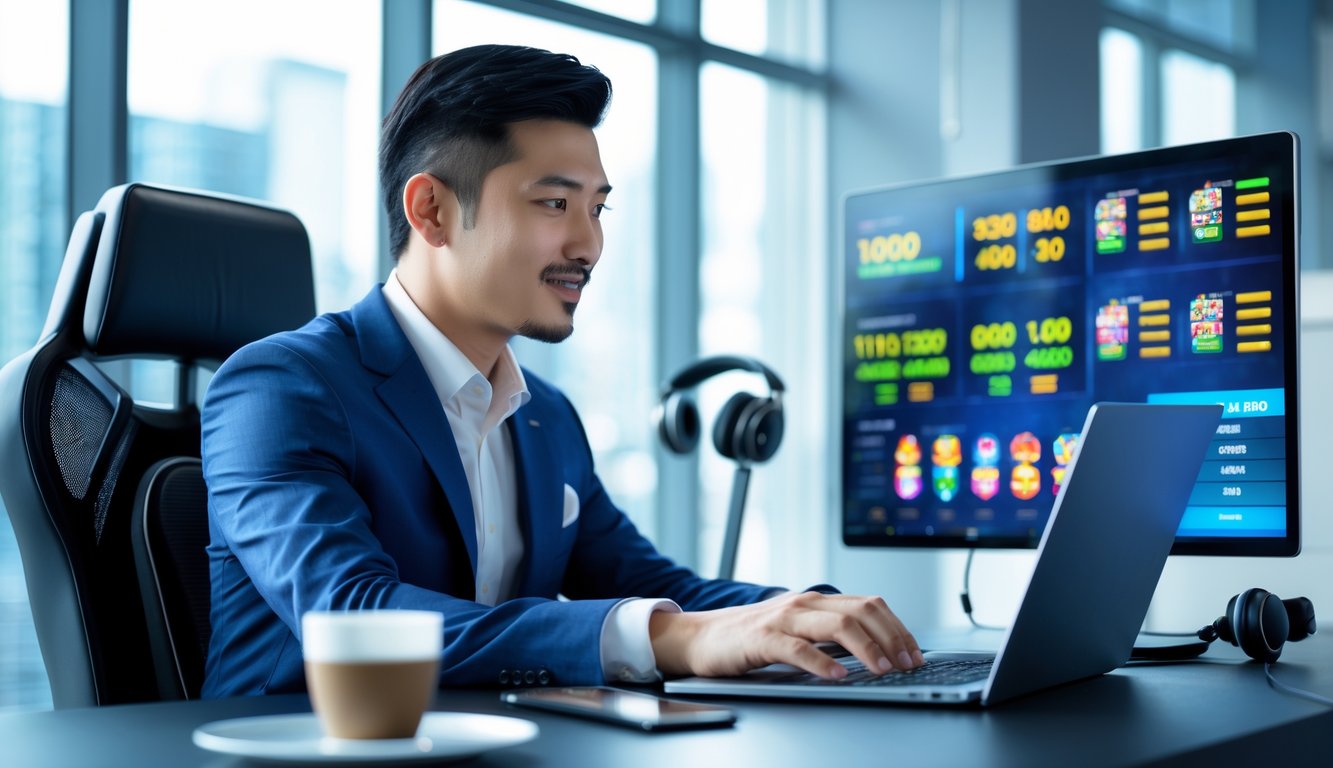 Seorang pria Asia Tenggara duduk di meja kantor modern menggunakan laptop dengan layar menampilkan grafik permainan slot dan data keuangan.