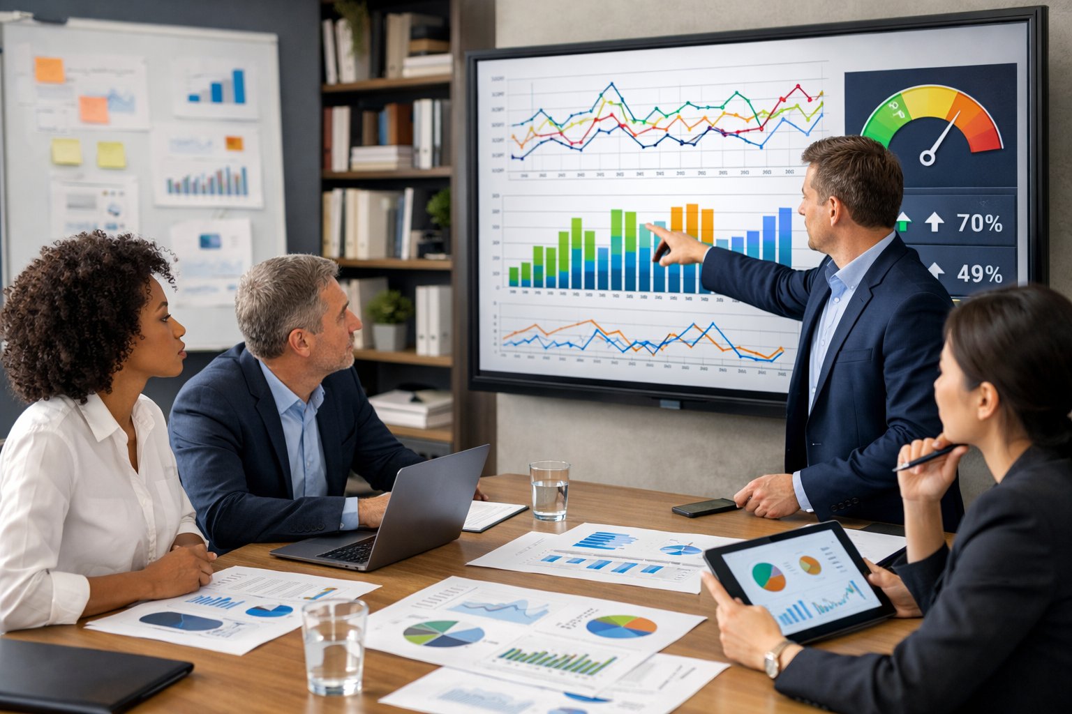 Des professionnels travaillant ensemble autour d'une table avec des graphiques et des appareils électroniques dans un bureau moderne.