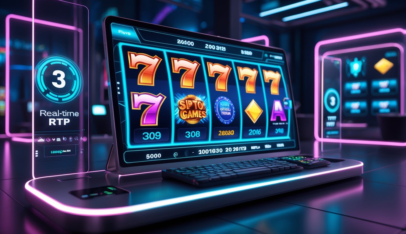 Antarmuka permainan slot online modern dengan gulungan warna-warni dan layar holografik menampilkan statistik waktu nyata di ruang bermain berlampu neon.