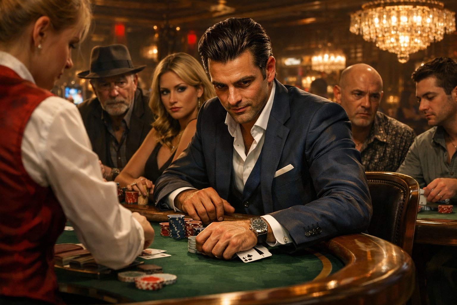 A casino poker table where a gambler is secretly palming cards while other players and the dealer are focused on the game.