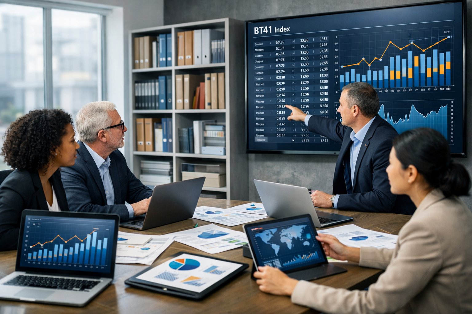 Des professionnels en réunion dans un bureau moderne, analysant des graphiques et des données économiques sur des écrans numériques.