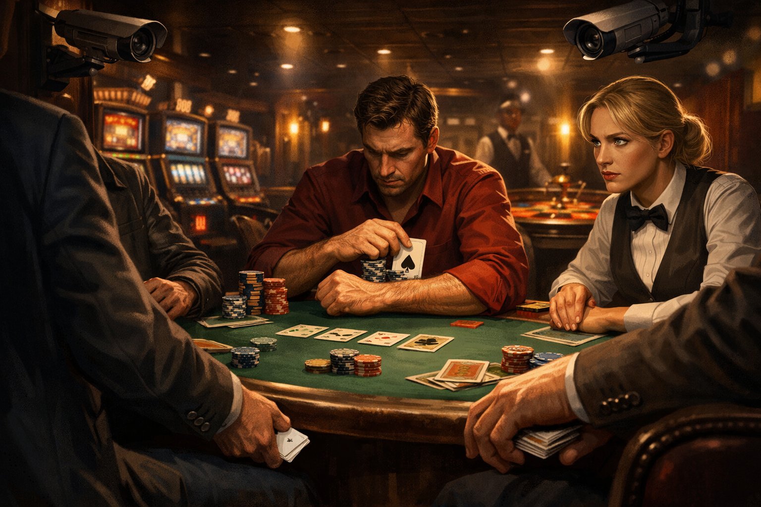 A casino poker table where players are secretly cheating while security cameras watch over the scene.