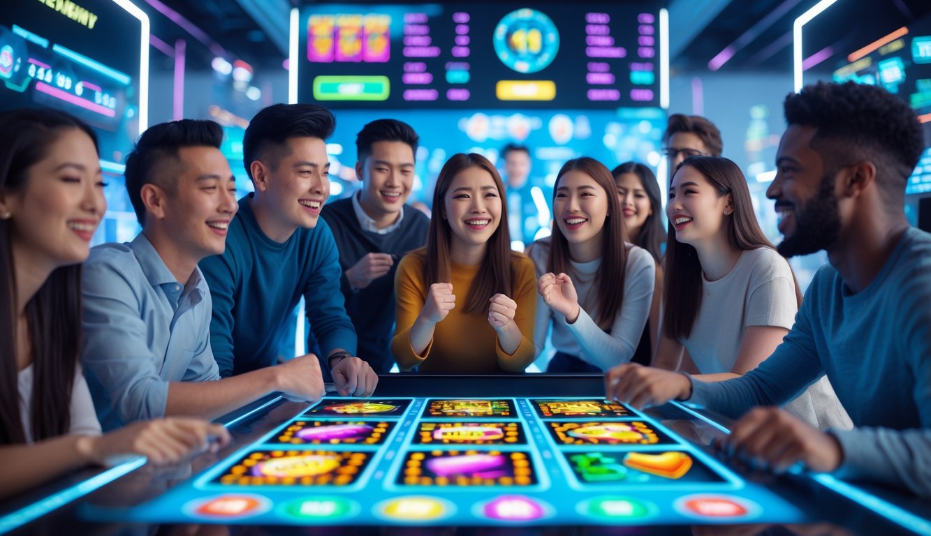 Sekelompok orang muda berkumpul di sekitar meja layar sentuh besar dengan grafik mesin slot yang berwarna-warni, terlihat antusias dan bersemangat dalam lingkungan perjudian online modern.