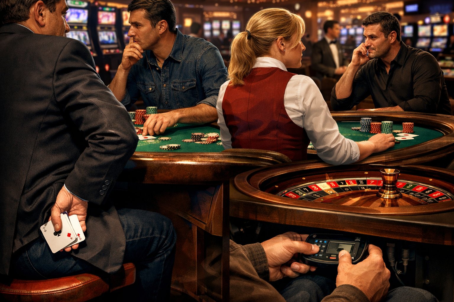 A casino scene showing players secretly cheating using card palming, hidden devices, signaling, and marked cards at various gaming tables.