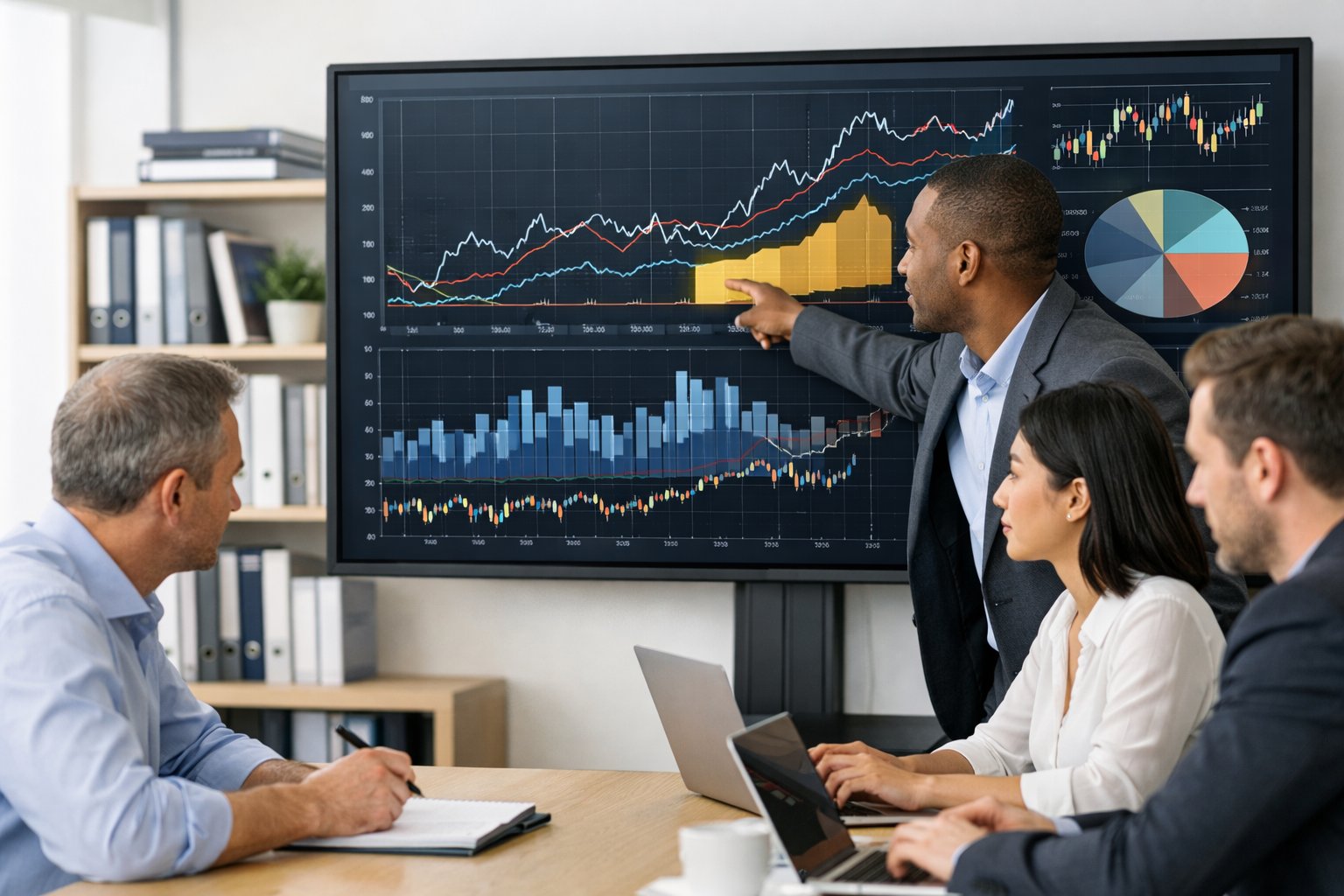 Des professionnels collaborent dans un bureau moderne autour d'un écran affichant des graphiques économiques, travaillant ensemble sur l'analyse de données.