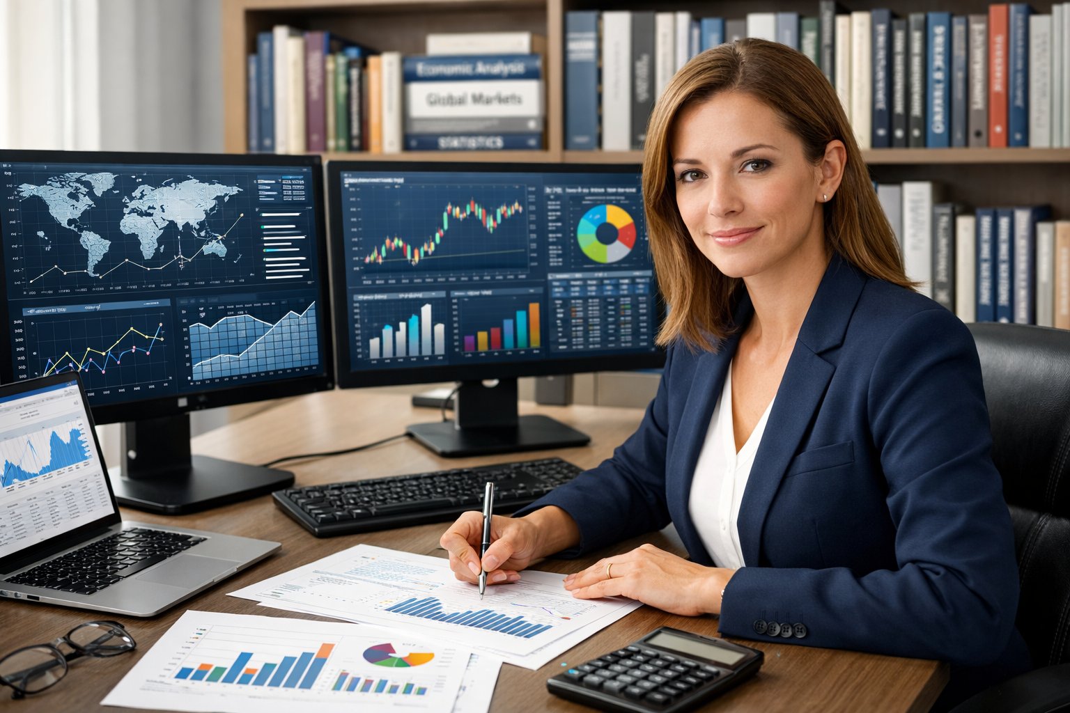 Une femme d'affaires concentrée travaille à un bureau avec plusieurs écrans affichant des graphiques et des données statistiques dans un bureau moderne.