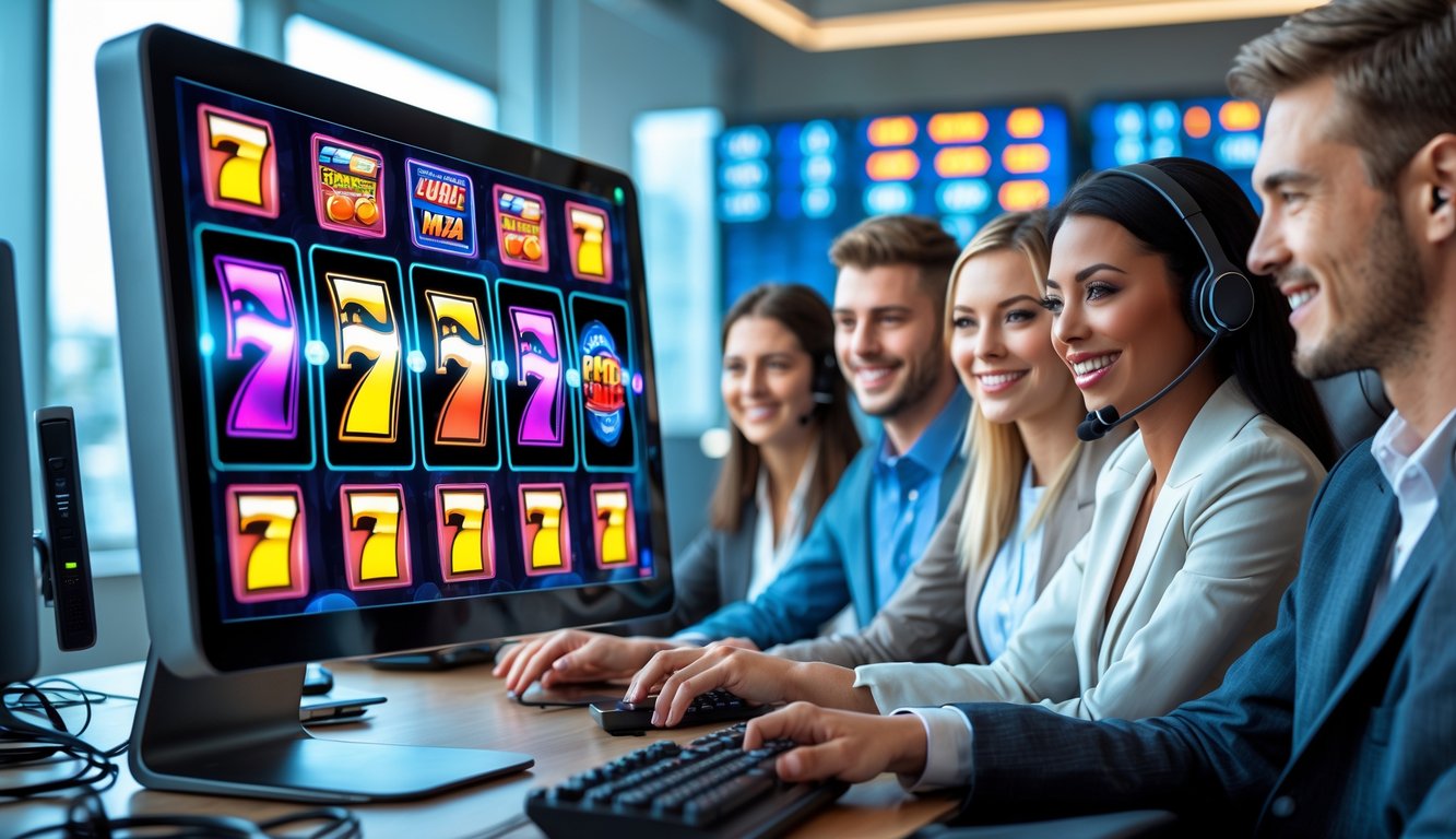 Beberapa orang muda sedang menggunakan komputer dengan tampilan mesin slot digital di kantor modern yang terang.