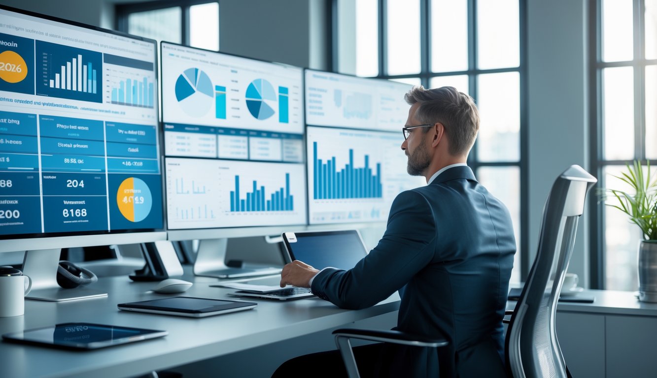 Seorang profesional duduk di meja kantor dengan beberapa monitor menampilkan grafik dan data analisis prediksi togel.
