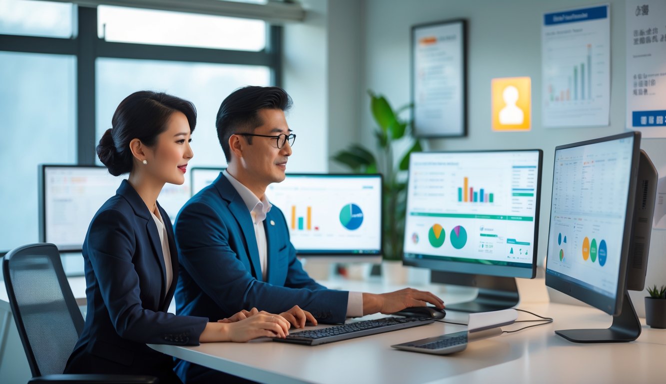 Dua orang profesional sedang bekerja bersama di kantor modern dengan komputer dan grafik di layar.