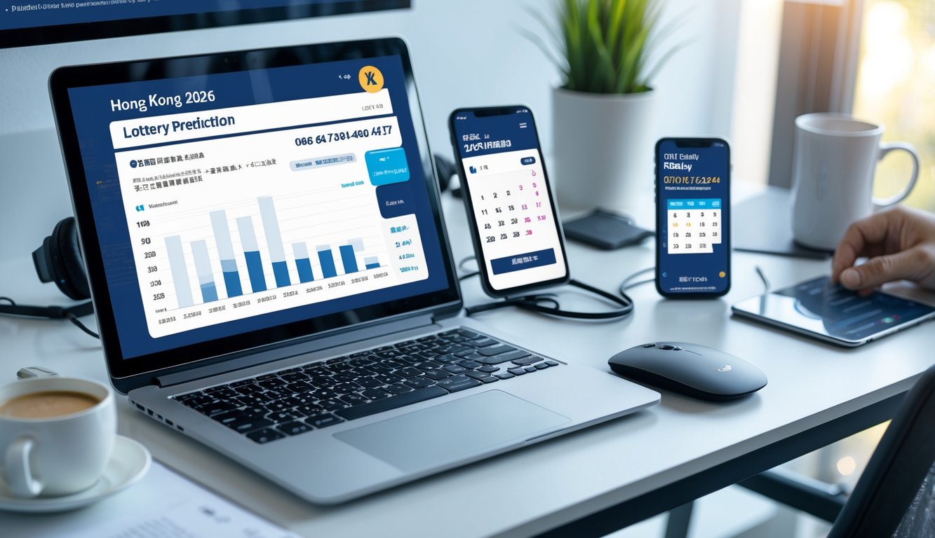 Meja kerja modern dengan laptop dan ponsel yang menampilkan grafik dan angka terkait prediksi togel, kalender dengan penanda pembaruan harian, dan perlengkapan teknologi di sekitarnya.